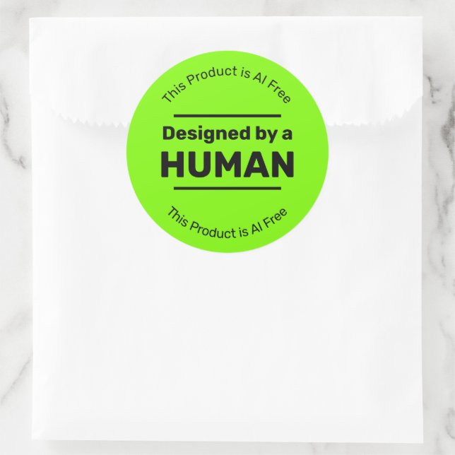 Sticker Rond Humain Fabriqué - No AI - Vert brillant avec texte (Sac)
