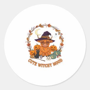 Sticker Rond Humeur de sorcière mignonne Halloween Vache des Hi
