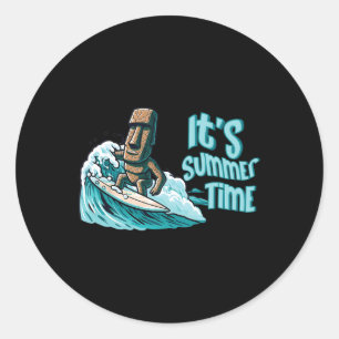 Sticker Rond Humeur de surf Chibi Moai Été Plage Océan Mer
