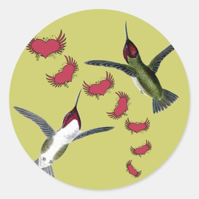 Sticker Rond Humming Birds Grunge Hearts with Wings (Devant)