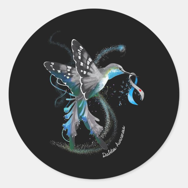 Sticker Rond Hummingbird Holding Grey Blue Ribbon T1d Diabetes (Devant)