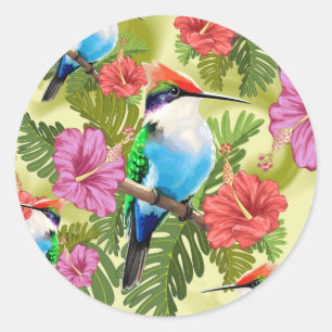 Sticker Rond Hummingbird resting and Hibiscuses