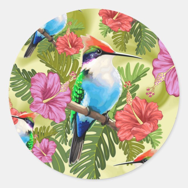 Sticker Rond Hummingbird resting and Hibiscuses (Devant)