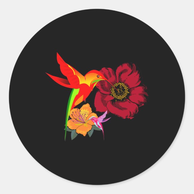 Sticker Rond Hummingbirds se nourrit d'art graphique aux fleurs (Devant)