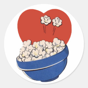 Sticker Rond Humour Mignon Rétro, Bol de Popcorn pour le Cinéma