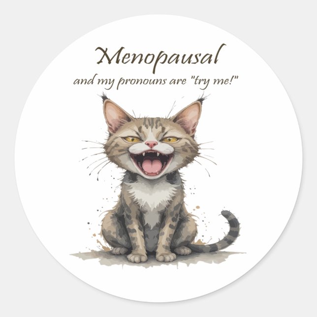 Sticker Rond Humour sur la Ménopause Chat Stressé En Colère (Devant)