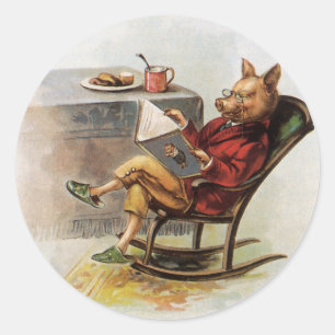 Sticker Rond Humour Vintage, Cochon dans un Fauteuil à Bascule 