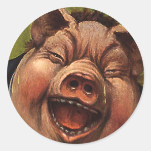 Sticker Rond Humour Vintage, Cochon Victorien Rieur Drôle