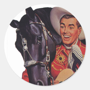 Sticker Rond Humour Vintage, Cow-boy chantant de la musique à s