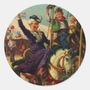 Sticker Rond Humour vintage, grand-mère sur un joyeux cheval