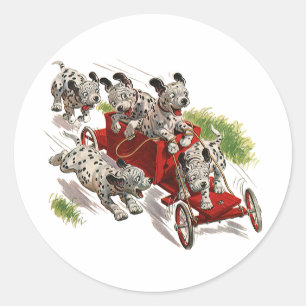 Sticker Rond Humour Vintage Mignon Chien Dalmatien Camion de Po