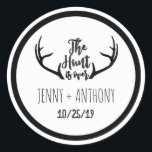 Sticker Rond "Hunt is Over" Rustic Antler Enregistrer le phoque<br><div class="desc">La chasse est sur le cerf Antler Typographie Mariage Deer Buck Mariage Enregistrer la date Sceau - Whimsical Rustic Vintage Mariage Enregistrer la date Sceau. Veuillez le personnaliser avec votre propre occasion de texte-en conséquence ou cliquez sur le bouton "Customiser" pour aller à l'outil de conception où vous pouvez ajouter...</div>