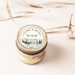 Sticker Rond Hunter Green Mountain Sketch Personalized Wedding<br><div class="desc">Rustic chic stickers for your outdoor,  woods or adventurous wedding feature a hand sketched illustration of mountain peaks,  pine trees and a flowing river,  with your names and wedding date in block lettering.</div>