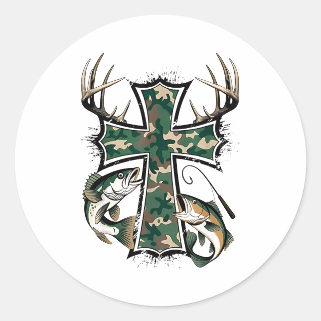 Sticker Rond Hunting Fishing Faith - Christian Hunter Fisherman (Devant)