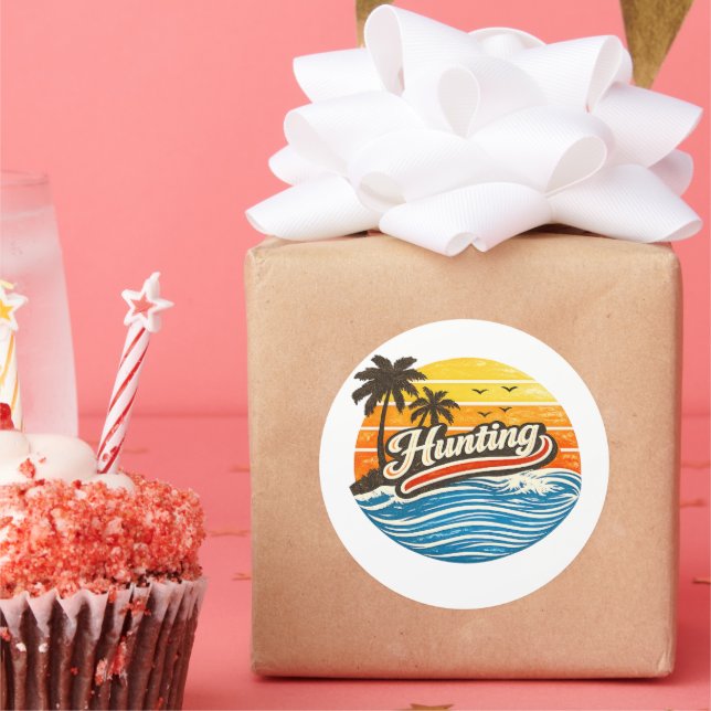Sticker Rond Hunting Retro Sunset Design (Fête)