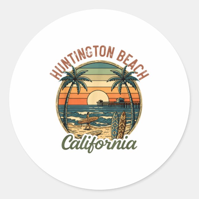 Sticker Rond Huntington Beach California Los Angeles Surfer Vin (Devant)
