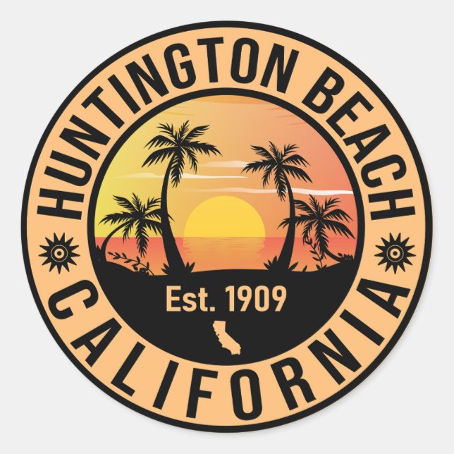 Sticker Rond Huntington Beach California Retro Sunset Souvenirs (Devant)
