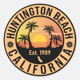 Sticker Rond Huntington Beach California Retro Sunset Souvenirs
