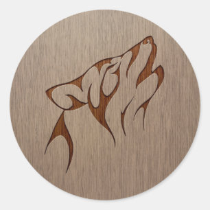 Sticker Rond Hurlement de loup gravé sur la conception en bois