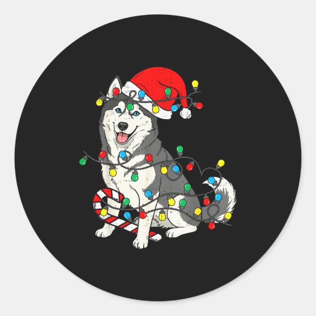 Sticker Rond Huskey Dog Christmas Lights Santa Pajama Xmas Pet  (Devant)