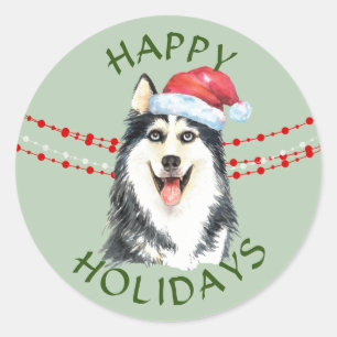 Sticker Rond Husky Chien Santa Hat Joyeuses Fêtes