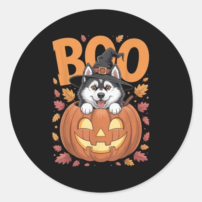 Sticker Rond Husky Costume On Pumpkin Halloween Siberian Husky  (Devant)