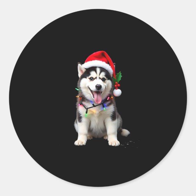 Sticker Rond Husky Dog Santa Hat Christmas Tree Xmas Gifts For  (Devant)