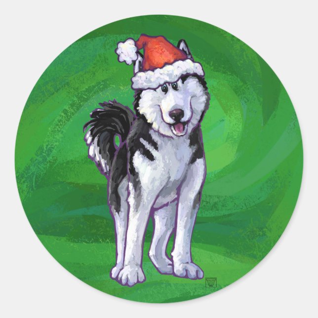 Sticker Rond Husky festif à Santa Hat sur Vert (Devant)