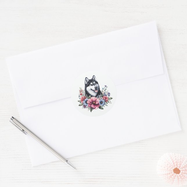 Sticker Rond Husky Floral (Enveloppe)