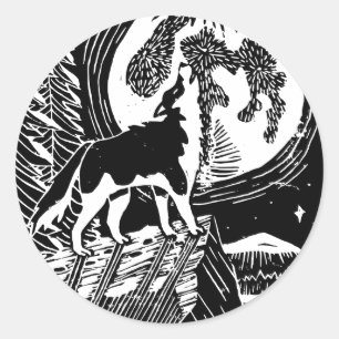 Sticker Rond Husky Howling noir et blanc à Night Linocut
