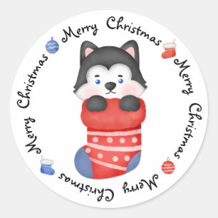 Sticker Rond Husky Puppy Chien mignon Festif Joyeux Noël