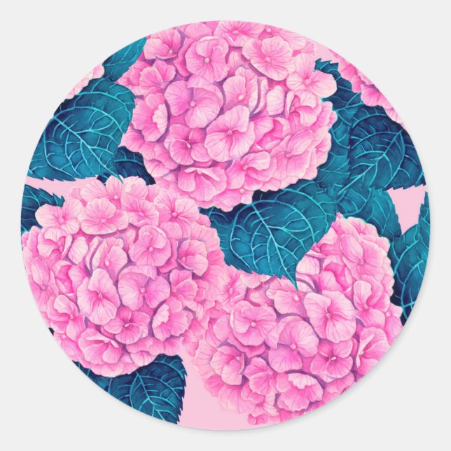 Sticker Rond Hydrangea aquarelle motif, rose et bleu (Devant)