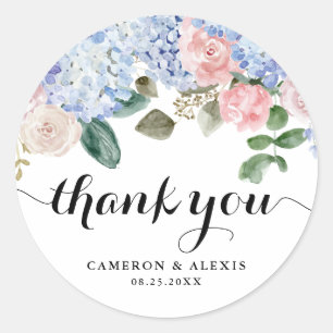 Sticker Rond Hydrangea bleu et Rose Mariage Merci