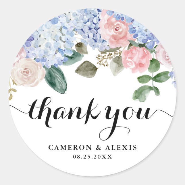 Sticker Rond Hydrangea bleu et Rose Mariage Merci (Devant)