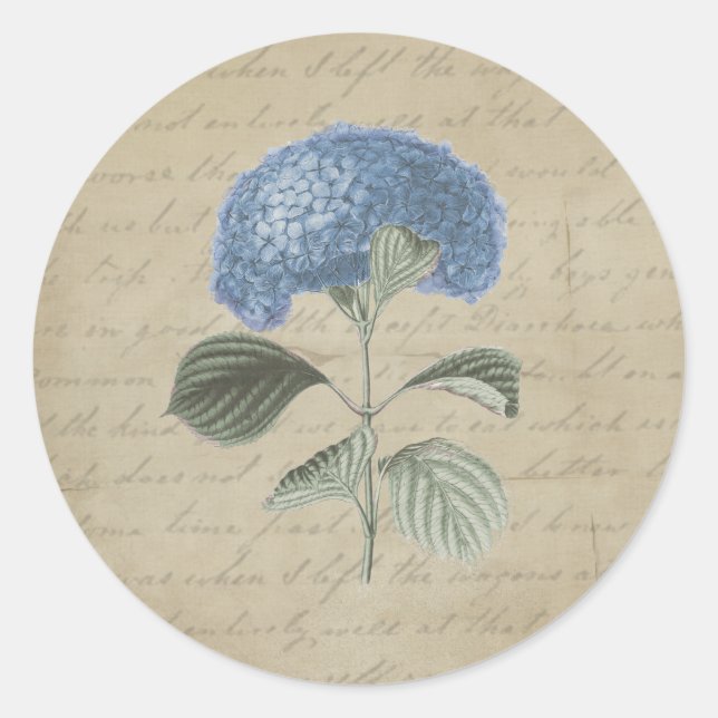 Sticker Rond Hydrangea bleu vintage avec Calligraphie antique (Devant)