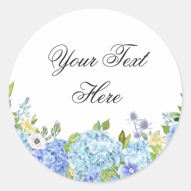 Sticker Rond Hydrangea Bleue Fleurs Vertes Aquarelle Personnali (Devant)