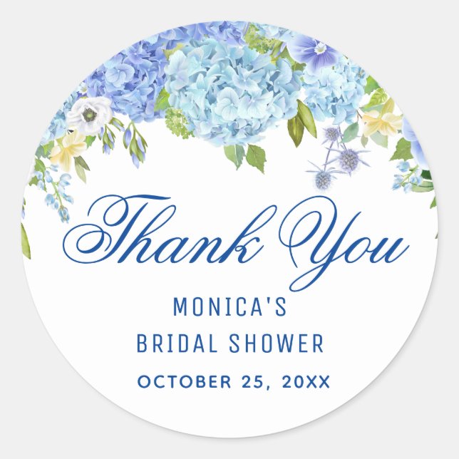 Sticker Rond Hydrangea Bleue Verdure Aquarelle Baby Shower de M (Devant)