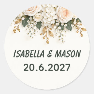 Sticker Rond Hydrangea Élégant Rose Fleurie Mariage Blanc Or C