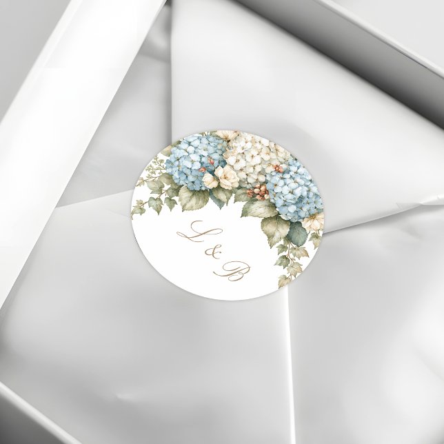 Sticker Rond Hydrangeas Bleus et Blancs Monogramme (Créateur téléchargé)