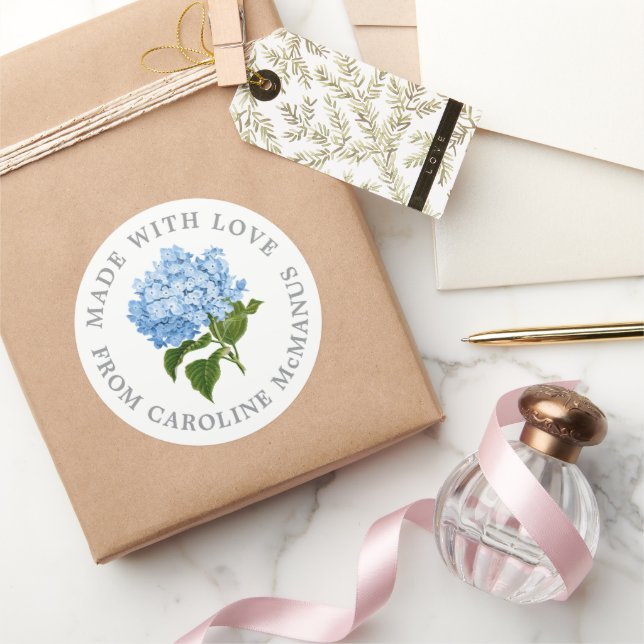 Sticker Rond Hydrangée bleue et blanche Fabriquée avec amour (Cadeaux)