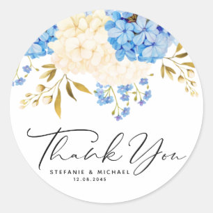 Sticker Rond Hydrangées bleues et blanches Merci Mariage Floral