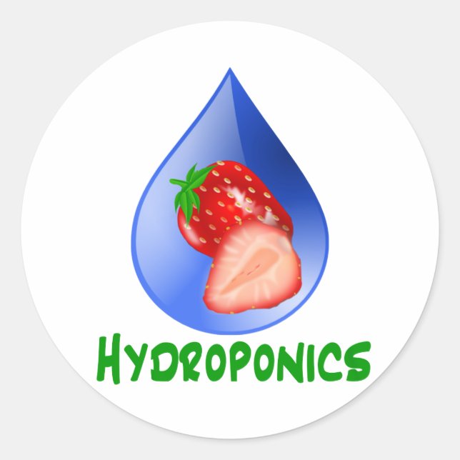 Sticker Rond Hydroponique, fraises, texte vert, goutte bleue (Devant)