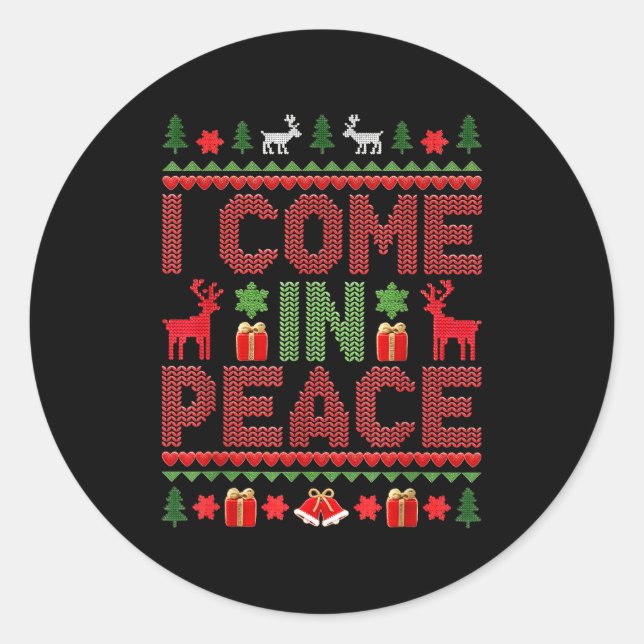 Sticker Rond I Come In Peace Couple Matching Ugly Christmas Swe (Devant)