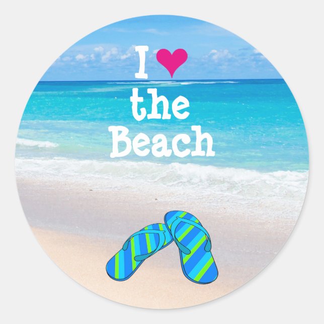 Sticker Rond I Heart (Love) the Beach Flip Flops in the Sand (Devant)