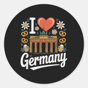Sticker Rond I Love Allemagne Bratwurst Pretzel Beer