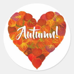 Sticker Rond I Love Autumn, Bold—Red Aspen Leaf Heart 1