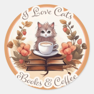 Sticker Rond I Love Cats, Livres et Café