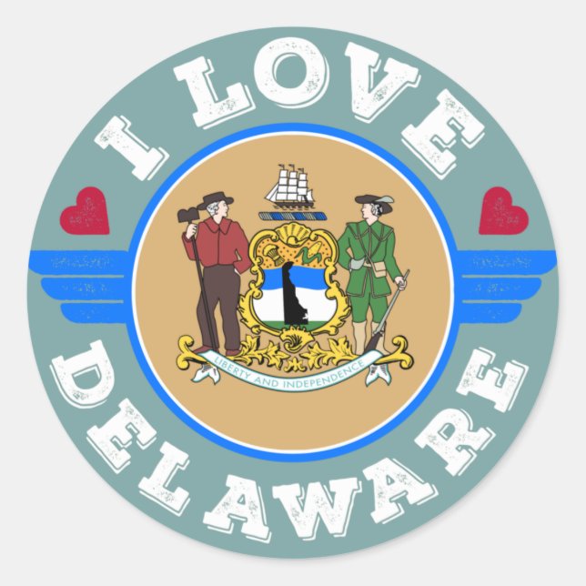 Sticker Rond I Love Delaware State Map and Flag (Devant)