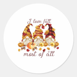 Sticker Rond I Love Fall Most of All Cute Gnomies Pomkin