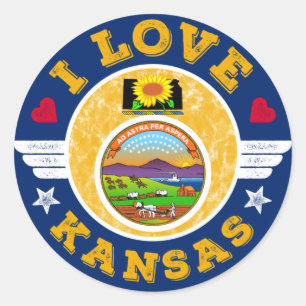 Sticker Rond I Love Kansas State Map and Flag